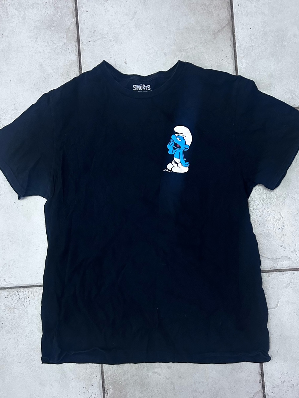Smurfs Black Short Sleeve Graphic Tee with Small Chest Character